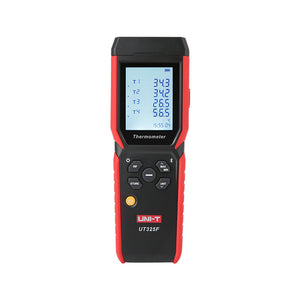 UNI-T UT325F 4-Channel Digital Thermometer – K/J/T/E/R/S/N Thermocouple, −200°C to 1767°C, Per-Channel Type, 72,000-Reading Datalogging, USB-C & Bluetooth, ±(0.2%+0.5°C) - a screen with T1-T4 temperature readings and control buttons on the front panel.