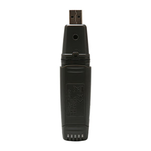 UNI-T UT330C USB Temperature, Humidity & Pressure Datalogger – −40°C to 80°C, 0–100% RH, 750–1100 hPa, IP67, 60,000-Set Memory, USB, PC Software - a grey, stick-shaped device with a USB connector at the top and text printed on the body including battery specifications.