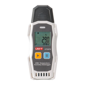 UNI-T UT330TH USB Temperature & Humidity Datalogger – −30°C to 70°C, 0–99.9% RH, ±0.4°C, 64,000-Set Memory, USB, PC Software & App, PDF Export - a white and grey handheld device with a digital display showing 29.0°C and two control buttons.