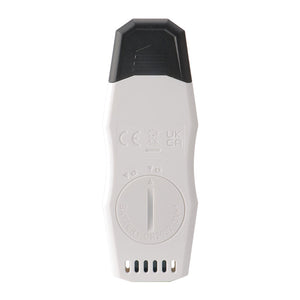 UNI-T UT330TH USB Temperature & Humidity Datalogger – −30°C to 70°C, 0–99.9% RH, ±0.4°C, 64,000-Set Memory, USB, PC Software & App, PDF Export - the white and black rear casing with a circular battery compartment and ventilation slots.