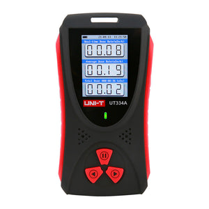 UNI-T UT334A Nuclear Radiation Detector Dosimeter – X/β/γ Ray, 0.05 µSv–50 mSv, GM Tube, 2.0" TFT Colour Display, Audio-Visual Alarm, USB-C Rechargeable - a black and red handheld device with a color display showing dose rate data and three red navigation buttons.