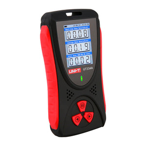 UNI-T UT334A Nuclear Radiation Detector Dosimeter – X/β/γ Ray, 0.05 µSv–50 mSv, GM Tube, 2.0" TFT Colour Display, Audio-Visual Alarm, USB-C Rechargeable - in a black and red case with a 2-inch color display showing dose rates and a keypad with four buttons below the screen.
