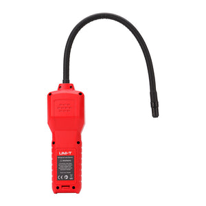 UNI-T UT336A Refrigerant Leak Detector – CFC / HCFC / HFC Halogen Gas, Negative Corona Sensor, 6 Sensitivity Levels, Audio-Visual Alarm, Flexible Probe - shown from the back, featuring a bright red handheld body, a long flexible probe, and a warning label.