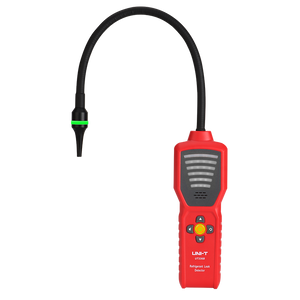 UNI-T UT336B Refrigerant Leak Detector – CFC / HCFC / HFC Halogen Gas, Long-Life Semiconductor Sensor, 6 Sensitivity Levels, Colour Probe Light - a red handheld device with a flexible black probe, a green light ring, and a central keypad with navigation buttons.