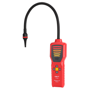 UNI-T UT336B Refrigerant Leak Detector – CFC / HCFC / HFC Halogen Gas, Long-Life Semiconductor Sensor, 6 Sensitivity Levels, Colour Probe Light - a red handheld device with a flexible black probe, a central power button, and a multi-level LED indicator.