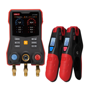 UNI-T UT336E Digital Manifold Gauge (Complete Kit) – HVAC, -1 to 60 bar, 162+ Refrigerants, Superheat/Subcooling, 3.5" Touchscreen, iENV App, IP54 - a black and red main unit with a touchscreen display and two matching wireless temperature clamp sensors.