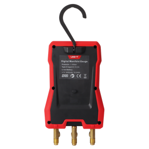 UNI-T UT336E Digital Manifold Gauge (Complete Kit) – HVAC, -1 to 60 bar, 162+ Refrigerants, Superheat/Subcooling, 3.5" Touchscreen, iENV App, IP54 - a red and black casing, a hanging hook, and three brass connectors at the bottom.