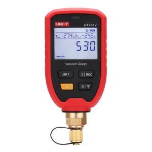 UNI-T UT336V Wireless Digital Vacuum Gauge – HVAC, 1–19,000 Microns, 11 Units, Bluetooth iENV App, 1/4" SAE, IP54, Water Saturation Temp - in red and black, showing a digital screen reading 530 micron, 27.4°C, and -24.2°C, with four buttons and a brass connector.