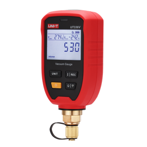 UNI-T UT336V Wireless Digital Vacuum Gauge – HVAC, 1–19,000 Microns, 11 Units, Bluetooth iENV App, 1/4" SAE, IP54, Water Saturation Temp - a digital screen reading 530 microns with a brass connector at the base and four control buttons.