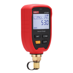 UNI-T UT336V Wireless Digital Vacuum Gauge – HVAC, 1–19,000 Microns, 11 Units, Bluetooth iENV App, 1/4" SAE, IP54, Water Saturation Temp - in a red casing with a brass connector, showing a digital display reading 530 microns, 27.4°C, and -24.2°C with four buttons.