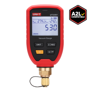 UNI-T UT336V Wireless Digital Vacuum Gauge – HVAC, 1–19,000 Microns, 11 Units, Bluetooth iENV App, 1/4" SAE, IP54, Water Saturation Temp - in red and black, showing a digital display reading 530 microns, with four buttons, a brass connector, and an A2L badge.