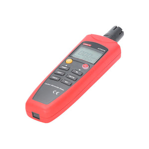 UNI-T UT337A Carbon Monoxide (CO) Meter Gas Detector – 0–1000 PPM, Electrochemical Sensor, Audio-Visual Alarm, Data Hold, Backlit LCD - a red handheld device with a black sensor tip, a backlit LCD displaying "000 PPM", and several labeled control buttons.