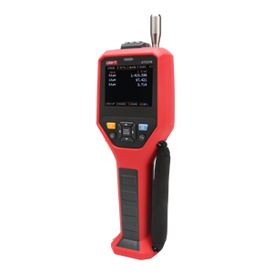UNI-T UT337B Laser Particle Counter – 6-Channel 0.3–10 µm, ISO 21501-4, PM Mass Concentration, Temp / Humidity / Dew Point, 3.5" Colour LCD, Wi-Fi App - a 3.5" colour LCD displaying particle count data, navigation buttons, and a wrist strap.
