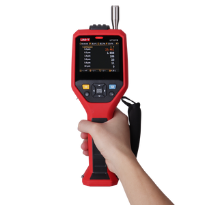 UNI-T UT337B Laser Particle Counter – 6-Channel 0.3–10 µm, ISO 21501-4, PM Mass Concentration, Temp / Humidity / Dew Point, 3.5" Colour LCD, Wi-Fi App - a red handheld device with a 3.5" color screen displaying particle count data and controls.