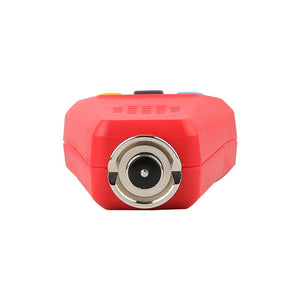 UNI-T UT343A Coating Thickness Gauge – Fe & NFe, 0–1750 µm, ±(3%+1), Auto Substrate Recognition, 199-Group Memory, Paint & Plating DFT Tester - close-up view of the red device's bottom end showing the circular metal sensor probe and three colored buttons.