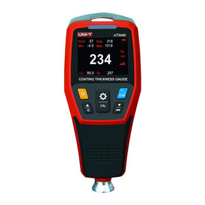 UNI-T UT343D Coating Thickness Gauge – Fe & NFe, 0–1250 µm, 0.1 µm Resolution, 2.0" TFT, USB + PC Software, 500-Group Memory, Paint & Galvanising Tester - a digital screen with a 234 reading, control buttons, and a bottom metal probe.