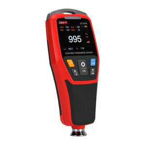 UNI-T UT343D Coating Thickness Gauge – Fe & NFe, 0–1250 µm, 0.1 µm Resolution, 2.0" TFT, USB + PC Software, 500-Group Memory, Paint & Galvanising Tester - a digital display reading 995 µm with control buttons and a metallic sensor tip.