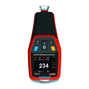 UNI-T UT343D Coating Thickness Gauge – Fe & NFe, 0–1250 µm, 0.1 µm Resolution, 2.0" TFT, USB + PC Software, 500-Group Memory, Paint & Galvanising Tester - a digital screen with readings, control buttons, and a top-mounted sensor probe.