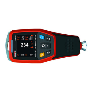 UNI-T UT343D Coating Thickness Gauge – Fe & NFe, 0–1250 µm, 0.1 µm Resolution, 2.0" TFT, USB + PC Software, 500-Group Memory, Paint & Galvanising Tester - a digital display with 234 um reading, control buttons, and a metal sensor tip.
