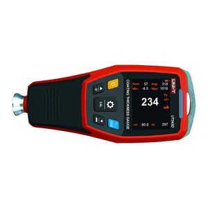 UNI-T UT343D Coating Thickness Gauge – Fe & NFe, 0–1250 µm, 0.1 µm Resolution, 2.0" TFT, USB + PC Software, 500-Group Memory, Paint & Galvanising Tester - a digital display with 234 reading, control buttons, and a sensor probe on the left side.