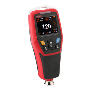 UNI-T UT343E Bluetooth Coating Thickness Gauge – Fe & NFe, 0–2000 µm, ±(2%+2), Colour TFT, App + PC Software, Voice Broadcast, 3300 Readings - a red and black handheld device with a color display showing a reading of 120, control buttons, and a metal sensor.