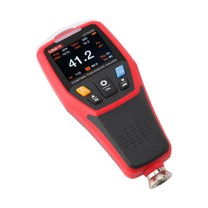 UNI-T UT343E Bluetooth Coating Thickness Gauge – Fe & NFe, 0–2000 µm, ±(2%+2), Colour TFT, App + PC Software, Voice Broadcast, 3300 Readings - a color screen with a 41.2 µm reading, control buttons, and a bottom probe sensor.