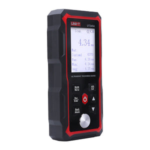 UNI-T UT345A Ultrasonic Thickness Gauge – Metal & Material, 1.00–300.00 mm, ±0.1 mm, Sound Velocity 1000–9999 m/s, 2.4" LCD, 300 Memory, USB-C Rechargeable - a digital screen with 4.34 mm reading, control buttons, and a bottom circular sensor.