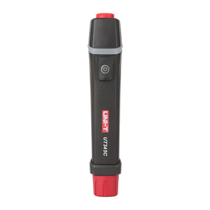 UNI-T UT345C Ultrasonic LPG Gas Cylinder Level Checker – Propane / Butane 8–14", No-Contact Liquid Level Indicator, LED, Pen Design with Flashlight - black and red pen-style casing with a top power button and a central light button.