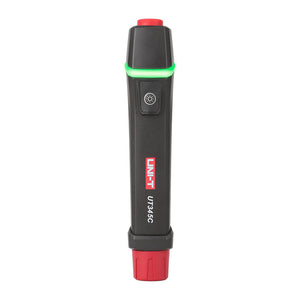 UNI-T UT345C Ultrasonic LPG Gas Cylinder Level Checker – Propane / Butane 8–14", No-Contact Liquid Level Indicator, LED, Pen Design with Flashlight - a central button and a glowing green LED indicator light.