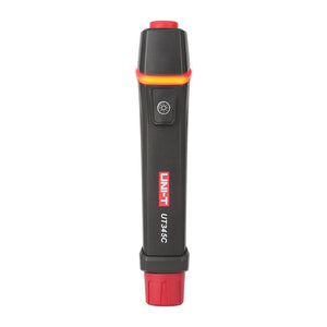 UNI-T UT345C Ultrasonic LPG Gas Cylinder Level Checker – Propane / Butane 8–14", No-Contact Liquid Level Indicator, LED, Pen Design with Flashlight - central power button and an illuminated orange indicator light.
