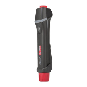 UNI-T UT345C Ultrasonic LPG Gas Cylinder Level Checker – Propane / Butane 8–14", No-Contact Liquid Level Indicator, LED, Pen Design with Flashlight - black and red pen-style casing with a top red button, a side light button, and a bottom red cap.