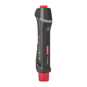 UNI-T UT345C Ultrasonic LPG Gas Cylinder Level Checker – Propane / Butane 8–14", No-Contact Liquid Level Indicator, LED, Pen Design with Flashlight - a top power button, a side flashlight button, and a red base.