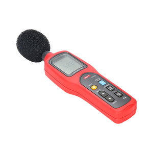 UNI-T UT352 Digital Sound Level Meter – 30–130 dB, ±1.5 dB, A/C Weighting, Fast/Slow, 31.5 Hz–8 kHz, MAX/MIN, AC/DC Output, Noise Meter - with a red handheld body, a black foam windscreen, a digital display reading 92.8, and various control buttons.