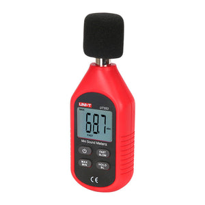 UNI-T UT353BT Mini Bluetooth Sound Level Meter – 30–130 dB, A-Weighted, ±1.5 dB, Fast/Slow Response, iENV App, MAX/MIN, Compact Noise Meter with Windscreen - a black foam windscreen, a digital display reading 68.7 dBA, and four control buttons on the front.