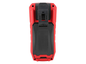UNI-T UT3550 Handheld Battery Tester – Internal Resistance & Voltage - rear view showing the red and black casing, a black belt clip, and the battery compartment cover.