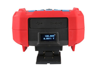 UNI-T UT3550 Handheld Battery Tester – Internal Resistance & Voltage - the top panel with a USB port, power connector, and a screen displaying 126.6mΩ and 8.0511 V.
