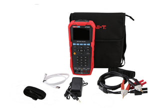 UNI-T UT3550 Handheld Battery Tester – Internal Resistance & Voltage - with a red and black case, keypad, and display, shown with a black carrying bag, power adapter, cables, and strap.