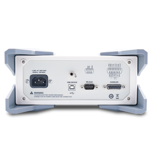 UNI-T UT3562 Battery Tester – Internal Resistance & Voltage Analyzer up to 100V, µΩ–kΩ, 4.3" TFT, Comparator, RS-232 / USB / Handler - rear view showing the power input, USB device port, RS-232 port, and Handler interface connector on a light grey housing.