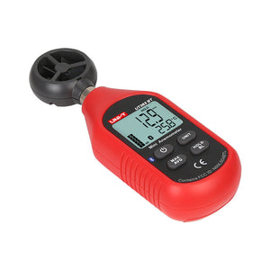 UNI-T UT363BT Mini Bluetooth Anemometer Wind Speed Meter – 0–30 m/s, Temperature −10°C to 50°C, iENV App, ±(5%+0.5), MAX/AVG, Backlit LCD - red, showing a digital display reading 12.9 m/s and 25.8°C, with power, unit, hold, and max/avg buttons on the front.