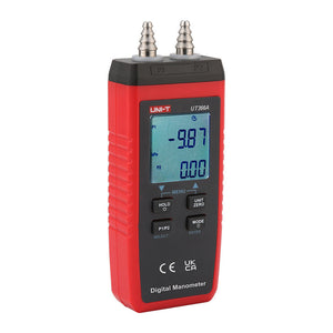 UNI-T UT366A Digital Differential Pressure Manometer – 0 to ±15 kPa, 13 Units, Air Velocity, ±0.5% FS, Dual Ports, HVAC Gas Pressure Gauge - a red and black handheld device with two top ports and a digital screen displaying -9.87 kPa and 0.00.