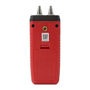 UNI-T UT366A Digital Differential Pressure Manometer – 0 to ±15 kPa, 13 Units, Air Velocity, ±0.5% FS, Dual Ports, HVAC Gas Pressure Gauge - shown from the back, featuring a red casing, two metal pressure ports, and a battery compartment.