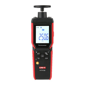 UNI-T UT372D 2-in-1 Contact & Non-Contact Tachometer – Photo RPM 1–99,999, Contact RPM, Surface Speed & Length, Bluetooth iENV App, ±0.02% - a digital display reading 250.6 m/min, a top contact wheel, and control buttons on the front panel.