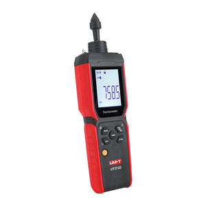 UNI-T UT372D 2-in-1 Contact & Non-Contact Tachometer – Photo RPM 1–99,999, Contact RPM, Surface Speed & Length, Bluetooth iENV App, ±0.02% - a digital display reading 758.5 RPM, control buttons, and a pointed contact sensor attachment.