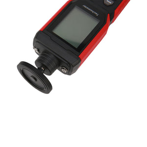 UNI-T UT372D 2-in-1 Contact & Non-Contact Tachometer – Photo RPM 1–99,999, Contact RPM, Surface Speed & Length, Bluetooth iENV App, ±0.02% - a red and black handheld device with a blank screen, a mode button, and a circular contact attachment head.