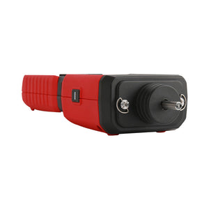 UNI-T UT372D 2-in-1 Contact & Non-Contact Tachometer – Photo RPM 1–99,999, Contact RPM, Surface Speed & Length, Bluetooth iENV App, ±0.02% - a close-up of the red and black device showing the front sensor head with a central metal shaft and two side screws.
