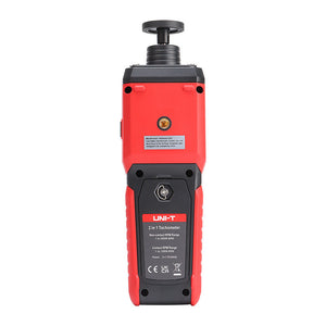 UNI-T UT372D 2-in-1 Contact & Non-Contact Tachometer – Photo RPM 1–99,999, Contact RPM, Surface Speed & Length, Bluetooth iENV App, ±0.02% - rear view showing the red and black plastic housing, a tripod mount, battery compartment, and technical specification label.