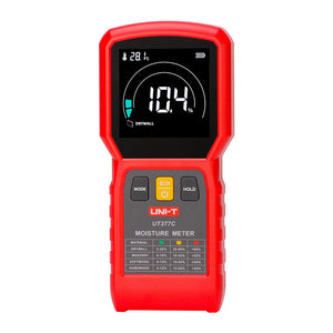 UNI-T UT377C Pinless Moisture Meter – Non-Destructive, Softwood / Hardwood / Drywall / Masonry, 50×50 mm Sensor, EBTN Colour Screen, Temp, Flashlight - an EBTN screen with 10.4% reading, three control buttons, and a material moisture reference chart.