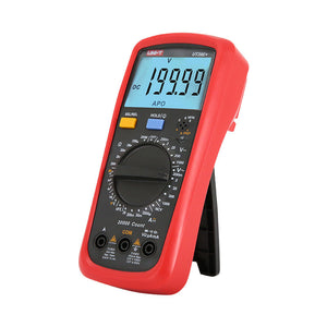 UNI-T UT39E+ High-Resolution Digital Multimeter – 20000 Count, AC/DC 1000V, 20A, High Accuracy 0.05%, Capacitance, NCV, hFE, CAT II 1000V / CAT III 600V - in a red protective case with a central rotary dial, yellow and blue buttons, and a screen displaying 199.99.