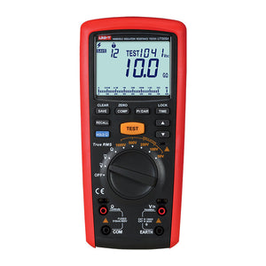 UNI-T UT505A Insulation Resistance Tester – Digital Megohmmeter - a red and black handheld device with a central rotary knob, buttons, ports, and an LCD showing 10.0 GΩ.