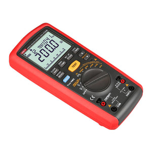 UNI-T UT505B Insulation Resistance Tester – Digital Megohmmeter, 100V/250V/500V/1000V - a red and black handheld device with a central rotary dial, buttons, ports, and a screen displaying 200.0 GΩ.